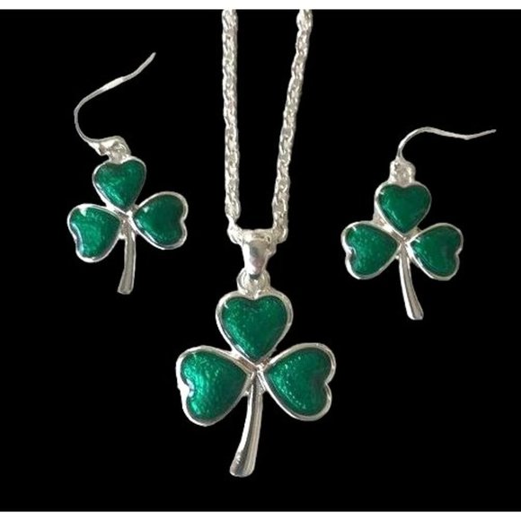 Shamrock Necklace Earrings Set Pendant 18 inch Chain St Patrick's Day Pa… - Picture 2 of 12